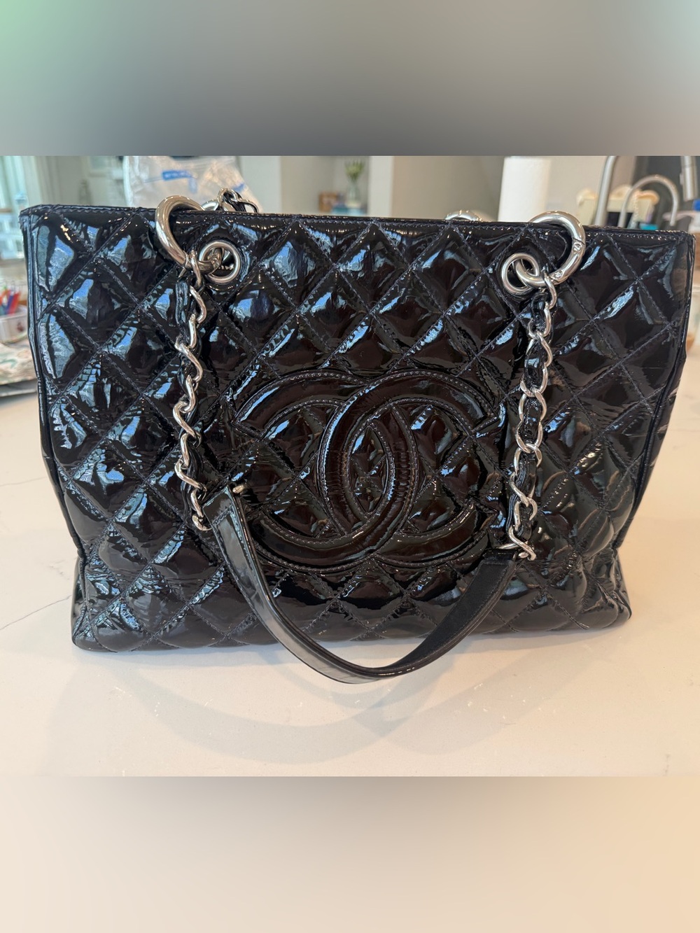 CHANEL Black Patent Quilted Shoulder Tote with Interlocking CC